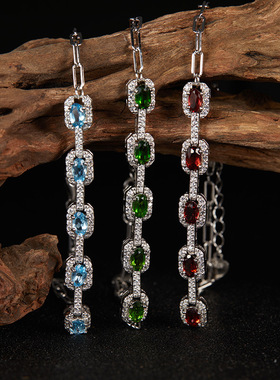 法国cherry kitty欧美时尚彩宝s925银镶托帕石石榴石透辉石手链女