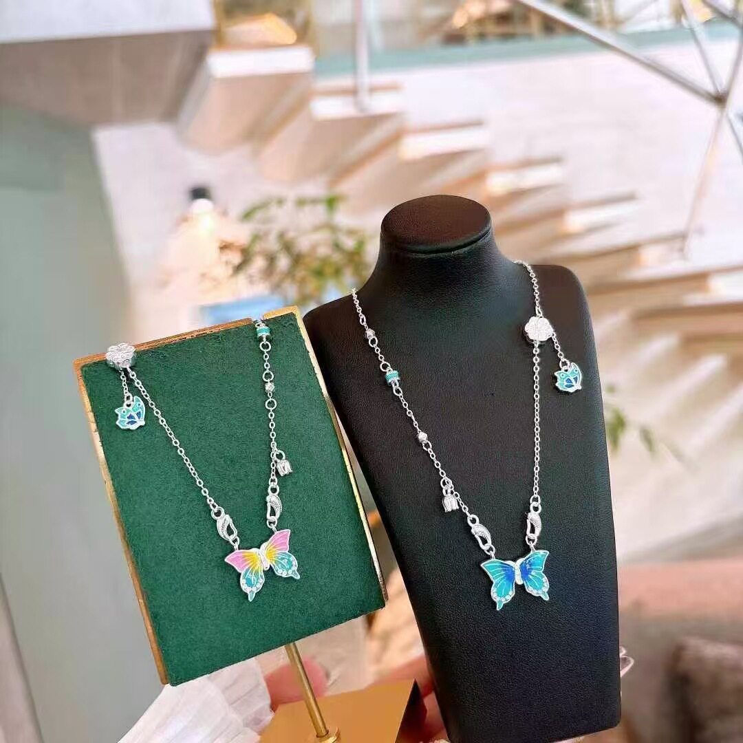 法国cherry kitty银990 珐琅双面蝴蝶项链新中式国风项链女气质