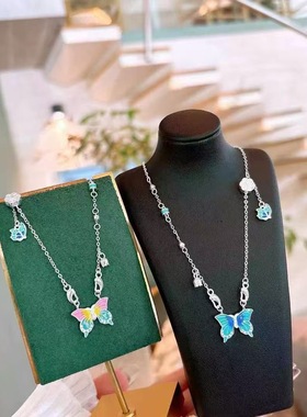 法国cherry kitty银990 珐琅双面蝴蝶项链新中式国风项链女气质