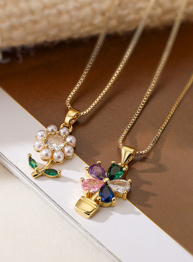 法国cherry kitty 迷你精致铜镀锆石珍珠花朵吊坠项链女小众高级