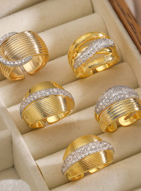 法国cherry kitty 欧美时尚轻奢双色电镀锆石几何开口戒指女小众