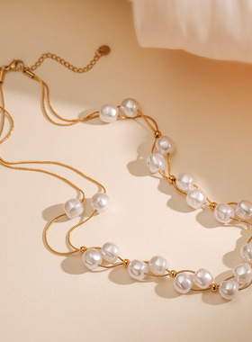 法国cherry kitty 时尚轻奢镀18k金珍珠项链女小众优雅双层锁骨