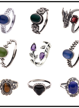 法国cherry kitty原创复古泰银色彩宝指环s925银珠宝戒指小众男女