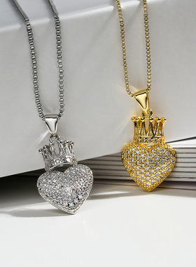 法国cherry kitty ins时尚轻奢电镀锆石皇冠爱心吊坠项链女小众