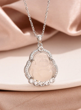 法国cherry kittys925银白玉髓金币佛公项链女新中式风弥勒佛吊坠