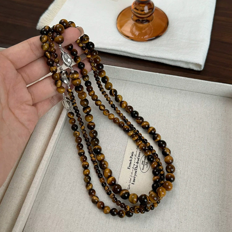 法国Cherry Kittyins风美拉德虎眼石串珠925银元宝扣项链女高级