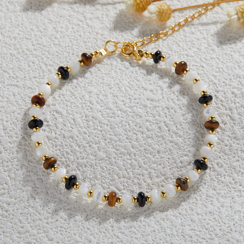 法国cherry kitty宝石虎眼白贝母黑玛瑙彩宝串珠手链女搭配s925