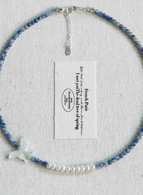 法国cherry kittys925银珍珠贝壳蝴蝶蓝点石项链春天文艺清新新