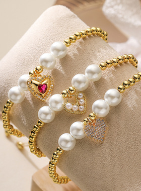 法国cherry kitty 时尚优雅铜镀18k金锆石爱心吊坠铜珠手链