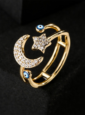 法国cherry kitty  欧美时尚星月设计几何开口戒指 滴油恶魔之眼