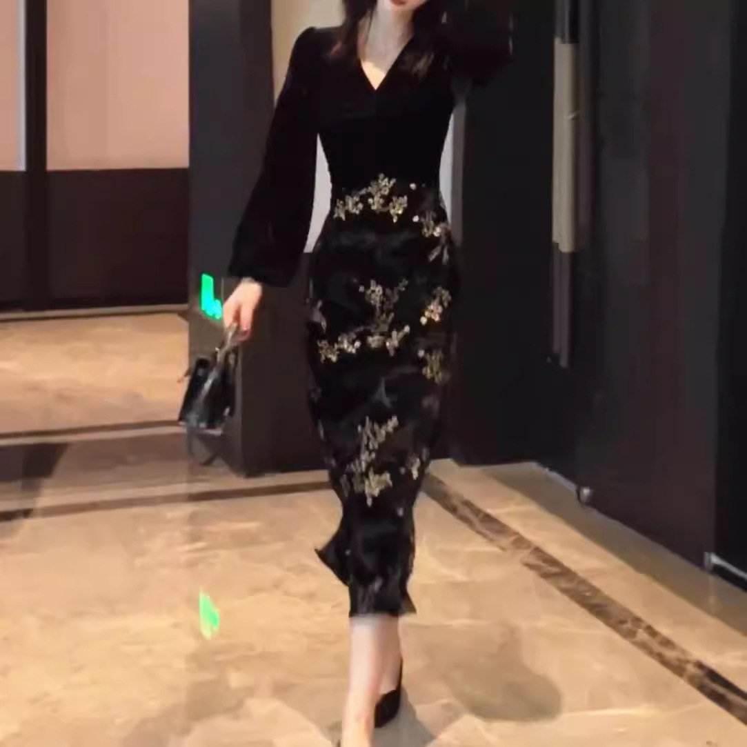 法国cherry kitty秋季新款名媛风v领长袖拼接连衣裙时尚显瘦女
