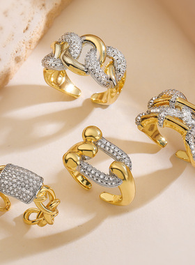 法国cherry kitty 时尚轻奢双色电镀锆石几何开口戒指ins小众