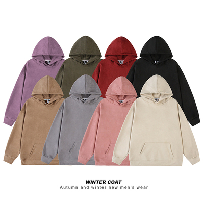 BDLS工作室文艺男女店港风情侣款乌梅紫麂皮绒光板连帽卫衣外套纯