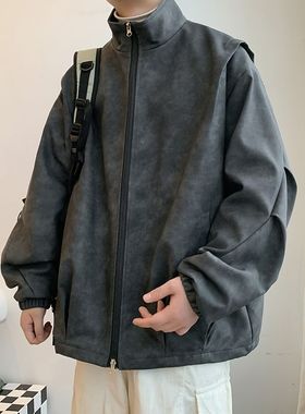 BDLS工作室文艺男女店港风情侣款机能风磨砂皮衣皮夹克男上衣外套