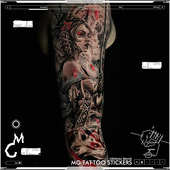 tattoo古风新传统艺伎武士女郎大图花臂防水纹身贴纸国潮男女