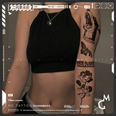 欧美猎犬玫瑰蝴蝶英文草本防水纹身贴纸 美式 tattoo 草本纹身