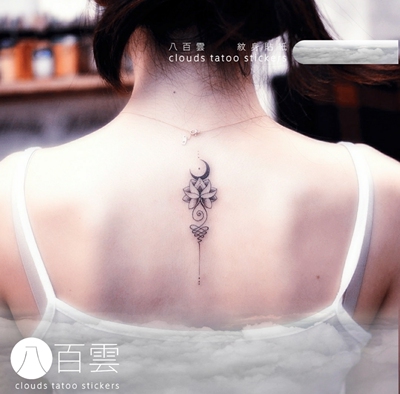 八白手绘新月莲花直线小图纹身贴