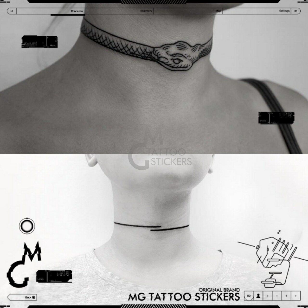 mg tattoo/简约直线酷炫蛇纹个性项圈式欧美纹身贴纸男女防水