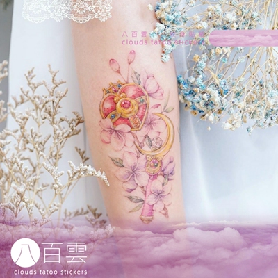 魔法棒樱花图案少女清新纹身贴