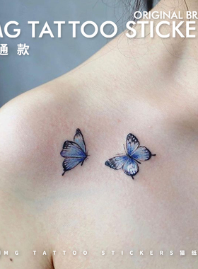 MG tattoo 落肩蝴蝶 唯美浪漫蓝色蝴蝶图案锁骨肩膀文艺纹身贴女