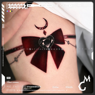 深红色复古丝绒宝石蝴蝶结腿环纹身贴小众精致性感女神 tattoo