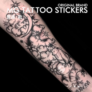 MG纹身贴手绘TATTOO黑白星空北极熊白云大面积七分花臂纹身贴纸