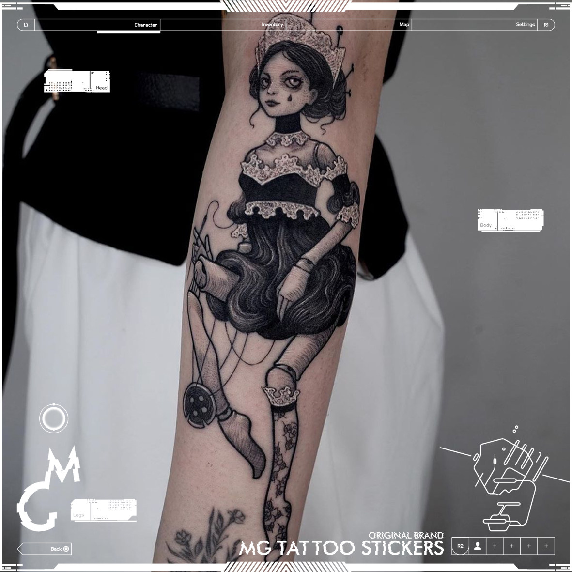 mg tattoo 暗黑萝莉 提线木偶图案花臂纹身贴纸持久黑色
