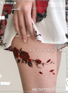 MG tattoo 红色玫瑰植物花朵少女纹身贴唯美性感腿环腿部脚踝纹身