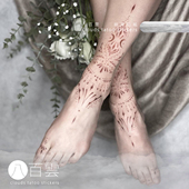 异域唯美朱砂线条腿部大图旅行纹身贴纸 梵花睡莲图腾 tattoo