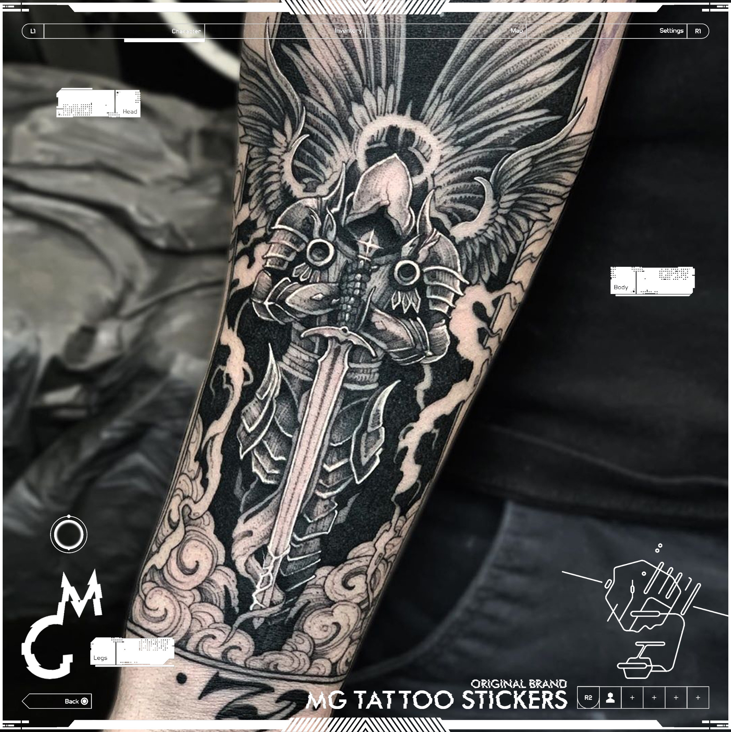 mg tattoo 战神  欧美酷炫铠甲羽翼战神图案花臂防水纹身贴纸男女