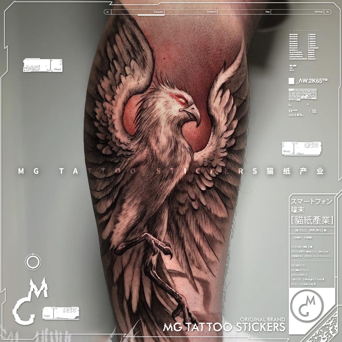 mg tattoo 欧美酷炫霸气雄鹰展翅手腕小臂小腿防水纹身贴纸男女潮