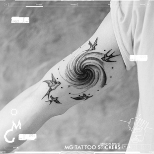 唯美飞鸟空中旋涡星空黑灰写实图案花臂纹身贴纸 TATTOO