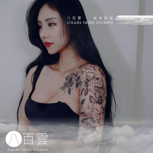 八百半甲花臂少女飞鸟黑灰纹身贴