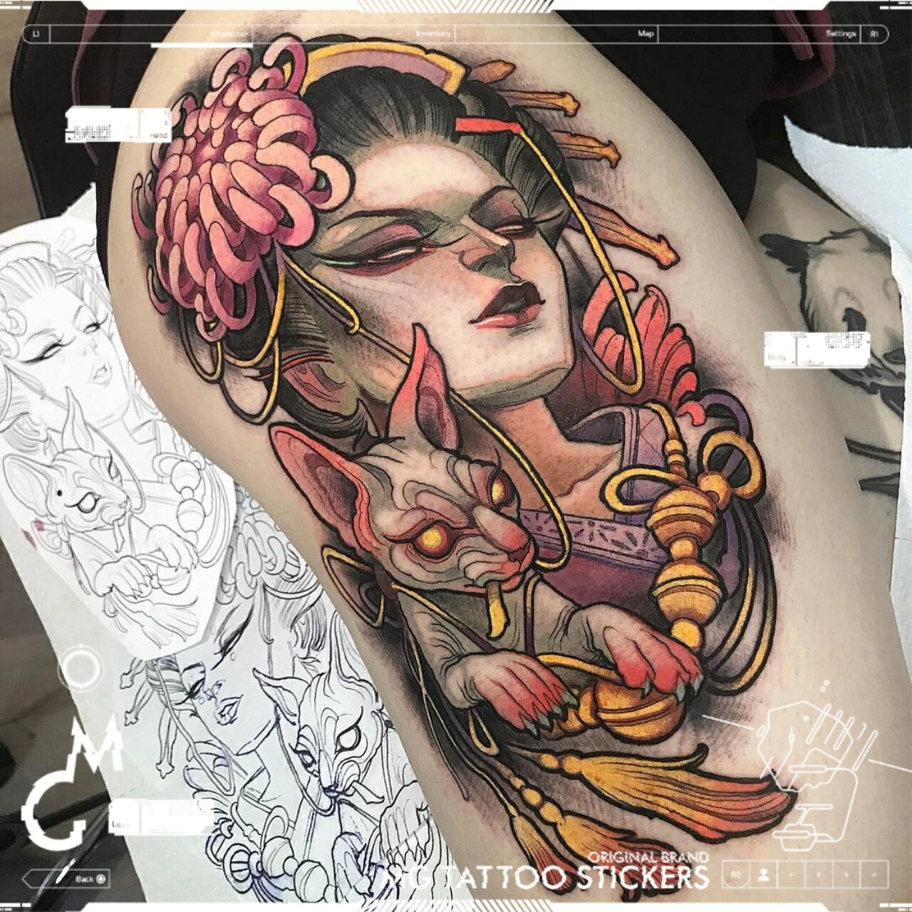 mg tattoo 日系艺伎花魁女郎斯芬克斯花臂防水纹身贴纸
