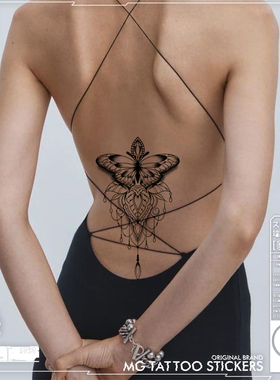 暗黑系哥特风复古黑色蝴蝶唯美吊坠图腾大腿后背胸骨纹身贴纸女