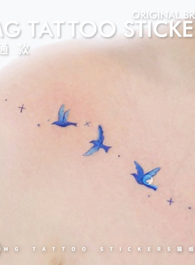 MG tattoo 蓝色飞鸟 唯美浪漫耳朵锁骨肩膀少女系文艺图案纹身贴
