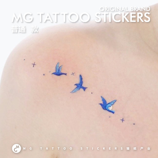 唯美浪漫耳朵锁骨肩膀少女系文艺图案纹身贴 蓝色飞鸟 tattoo