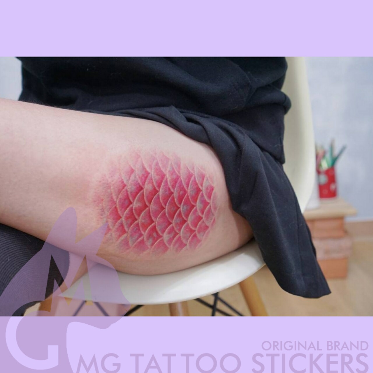 mg纹身贴/手绘tattoo/美人鱼/粉色唯美动感渐变鱼鳞片美腿纹身贴