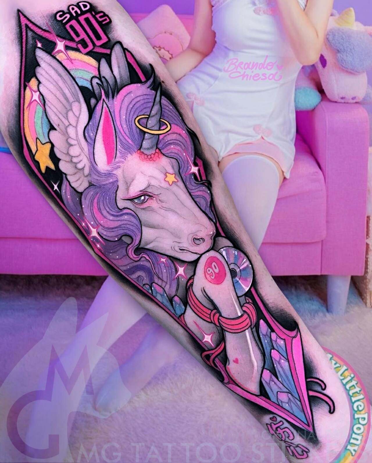 mg纹身贴/手绘tattoo/软妹花臂独角兽精灵水晶星空马卡龙色彩纹身