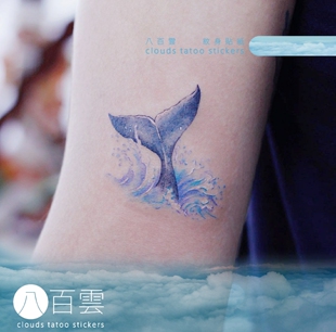 八百手绘海洋浪里鲸鱼尾巴蓝色大海清新文艺纹身贴纸