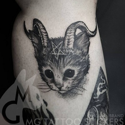 MG纹身贴/手绘TATTOO/暗黑邪恶羊角黑瞳猫头图案/黑猫纹身贴纸