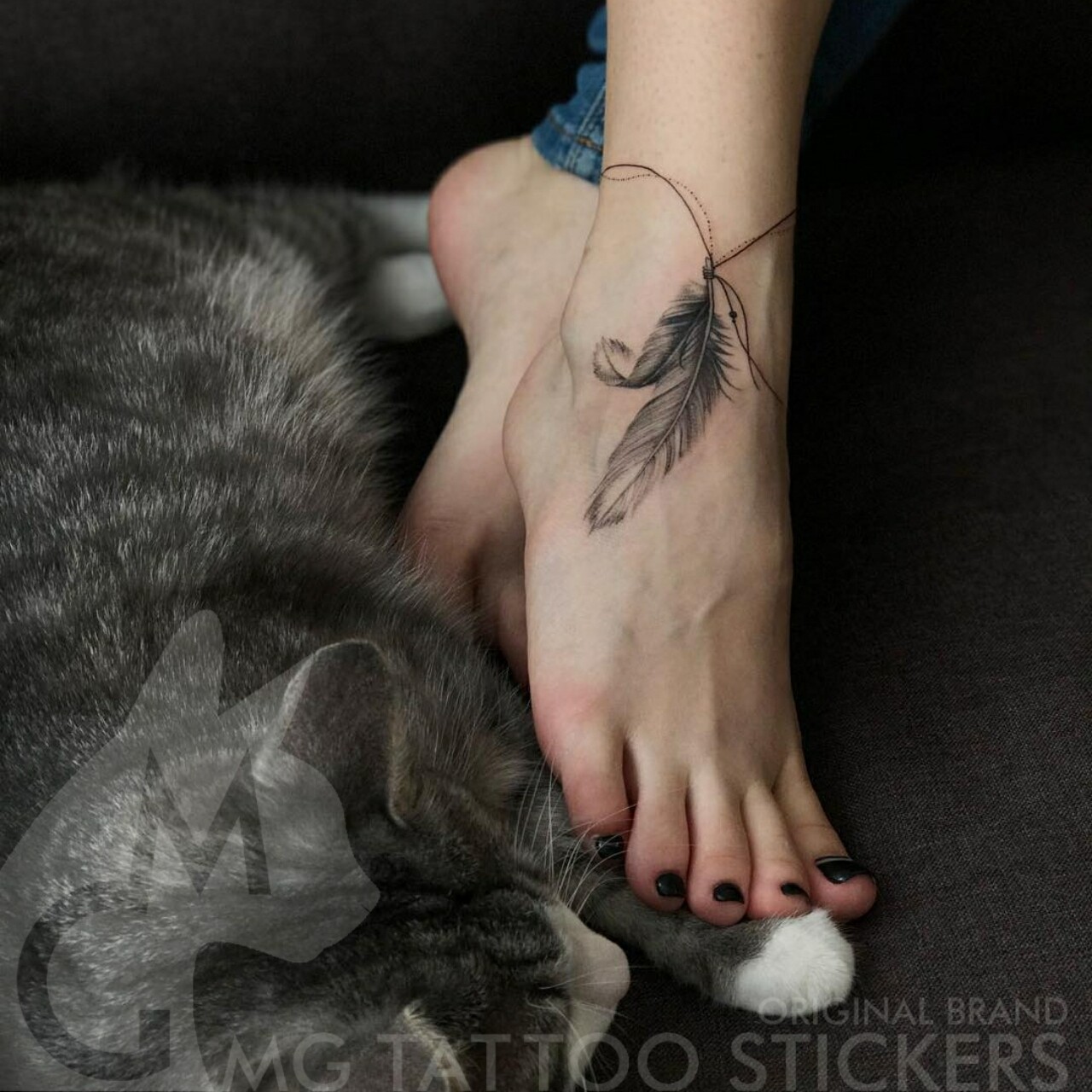 mg纹身贴/手绘tattoo/北欧脚踝羽毛脚链性感纹身贴纸羽燕吊坠纹身