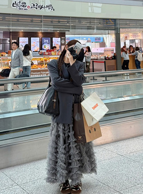 慵懒氛围~2025秋冬显瘦高腰半裙A字裙 韩系灰色层层蛋糕半身裙女