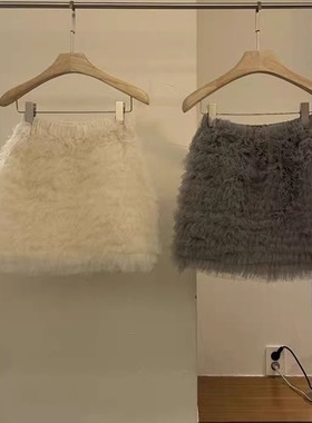 韩国订单2025新款白色少女松紧腰网纱半身短裙高腰显瘦蓬蓬蛋糕裙