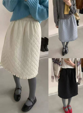 韩国订单25冬高级感韩系温柔保暖中裙小个子菱形松紧腰休闲半身裙