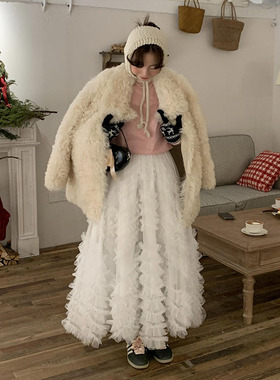 多层次设计！白色木耳边花边A字裙 摆纱裙半身裙白色木耳边网纱裙