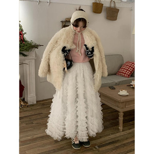 多层次设计！白色木耳边花边A字裙 摆纱裙半身裙白色木耳边网纱裙