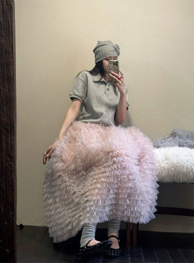 韩国订单25秋季重工博主粉色ins蓬蓬花苞裙网纱蛋糕裙纱裙半身裙