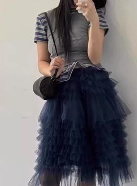 奶油甜心2025秋季韩国东大门减龄甜系半身裙藏青色网纱蓬蓬半裙女