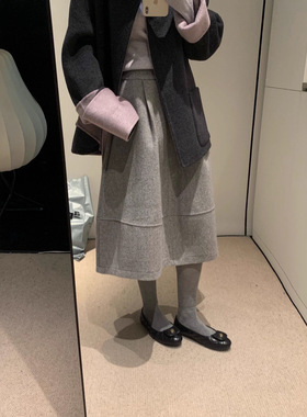 裙型超漂亮复古毛呢A字花苞裙2025秋冬韩系简约压褶中长款半身裙